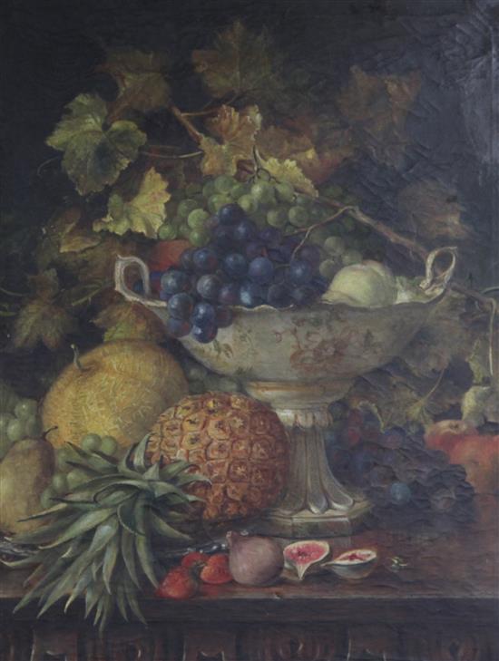 English School (19th Century), oil on canvas, Still life of fruit on a ledge, 68 x 50cm